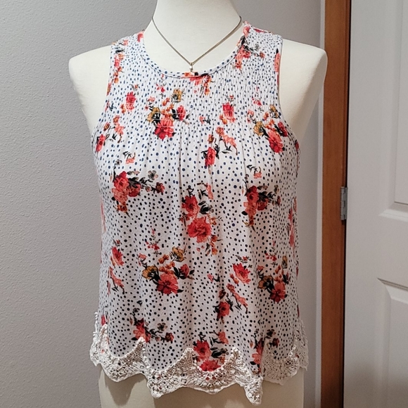REWIND TANK TOP FLORAL PRINT WHITE SLEEVELESS WOMEN RAYON  SIZE XS CROCHET CAMI - Picture 13 of 13